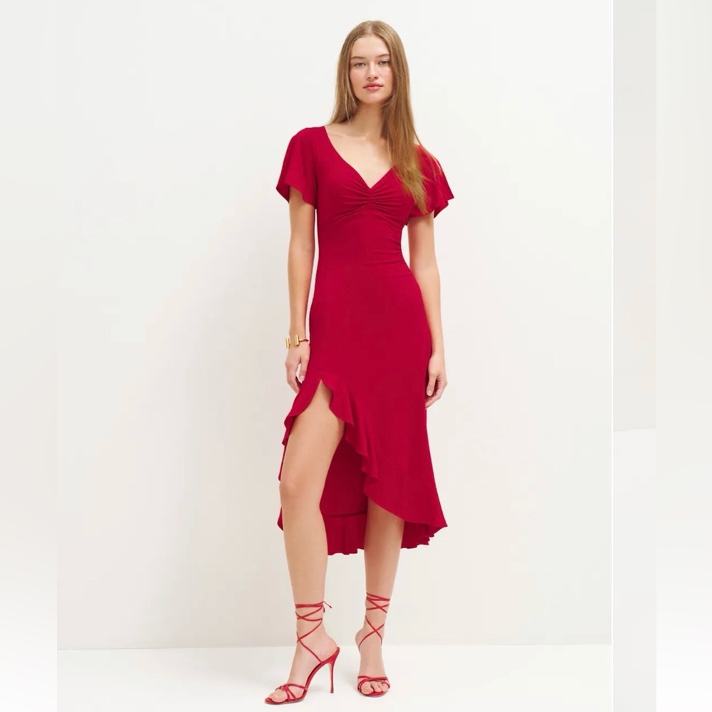 Reformation Kaisley knit dress red ruffles